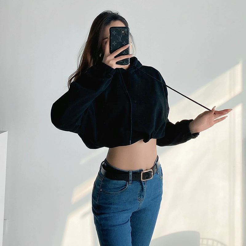 Sweater European and American-Style Waist-Defined Midriff-Baring Loose Casual Drawstring