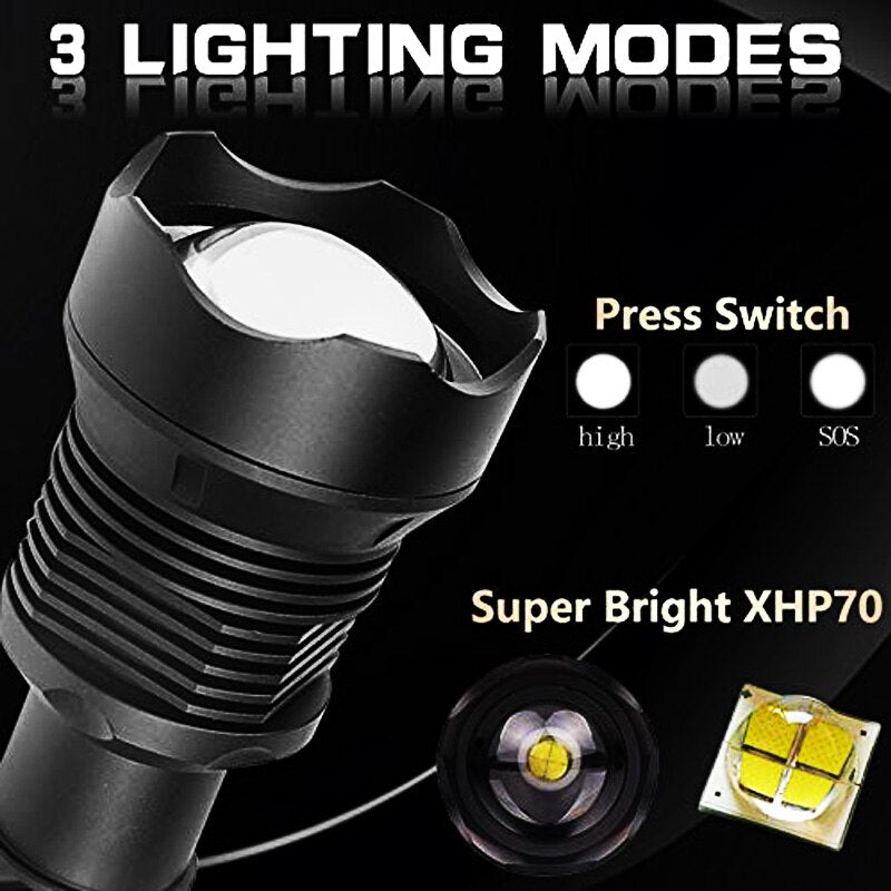 Super Lanterna Tática Zoom LED XPH50 70 90 Ultra Potente Recarregável