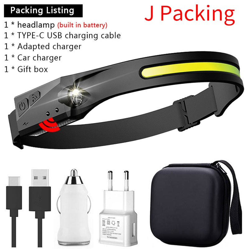 Induction Headlamp COB LED Head Lamp with Built-in Battery Flashlight USB Rechargeable Head Torch 5 Lighting Modes Head Light