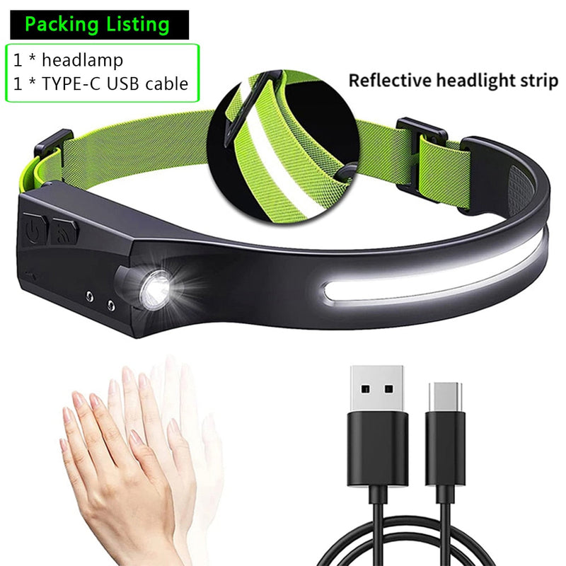Induction Headlamp COB LED Head Lamp with Built-in Battery Flashlight USB Rechargeable Head Torch 5 Lighting Modes Head Light