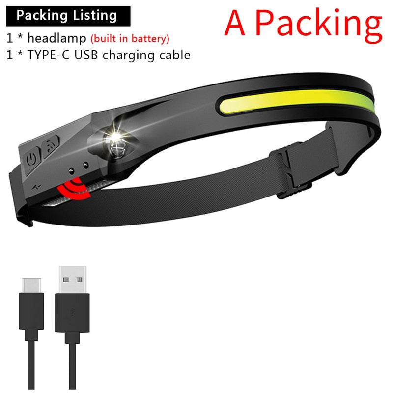 Induction Headlamp COB LED Head Lamp with Built-in Battery Flashlight USB Rechargeable Head Torch 5 Lighting Modes Head Light