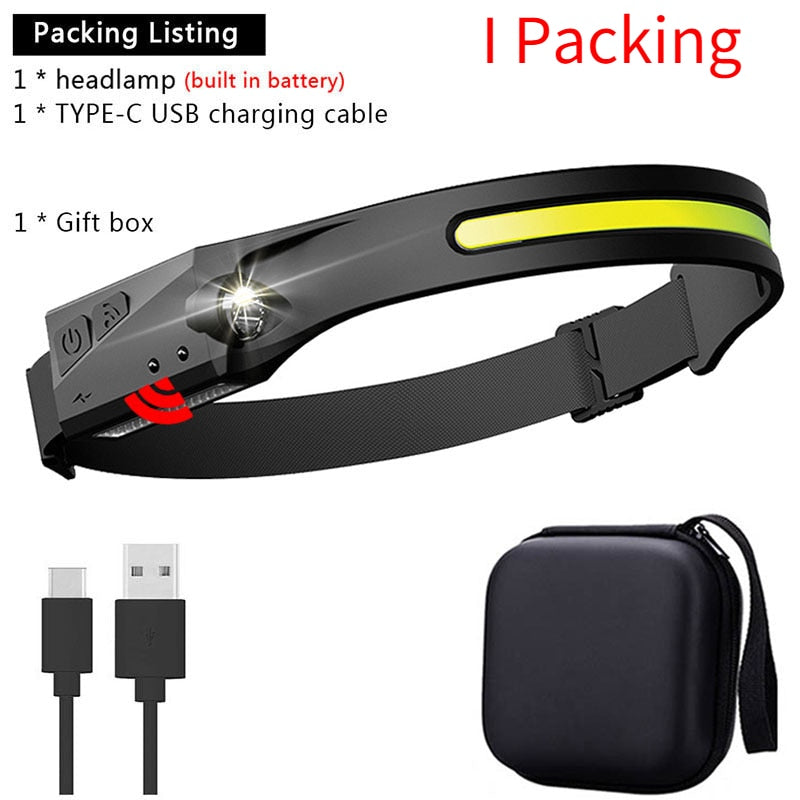 Induction Headlamp COB LED Head Lamp with Built-in Battery Flashlight USB Rechargeable Head Torch 5 Lighting Modes Head Light