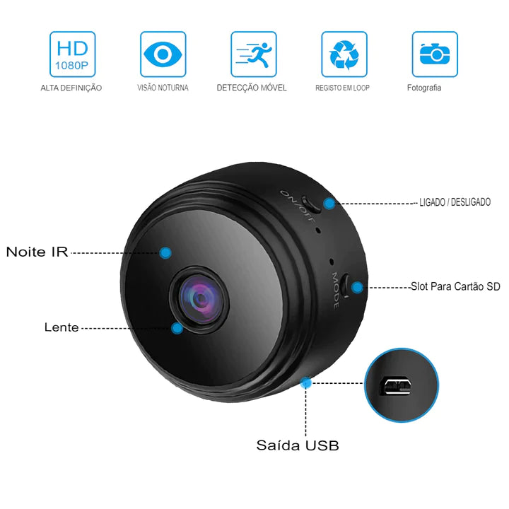 Mini Câmera WiFi A9 HD 1080p Magnética com Visão Noturna